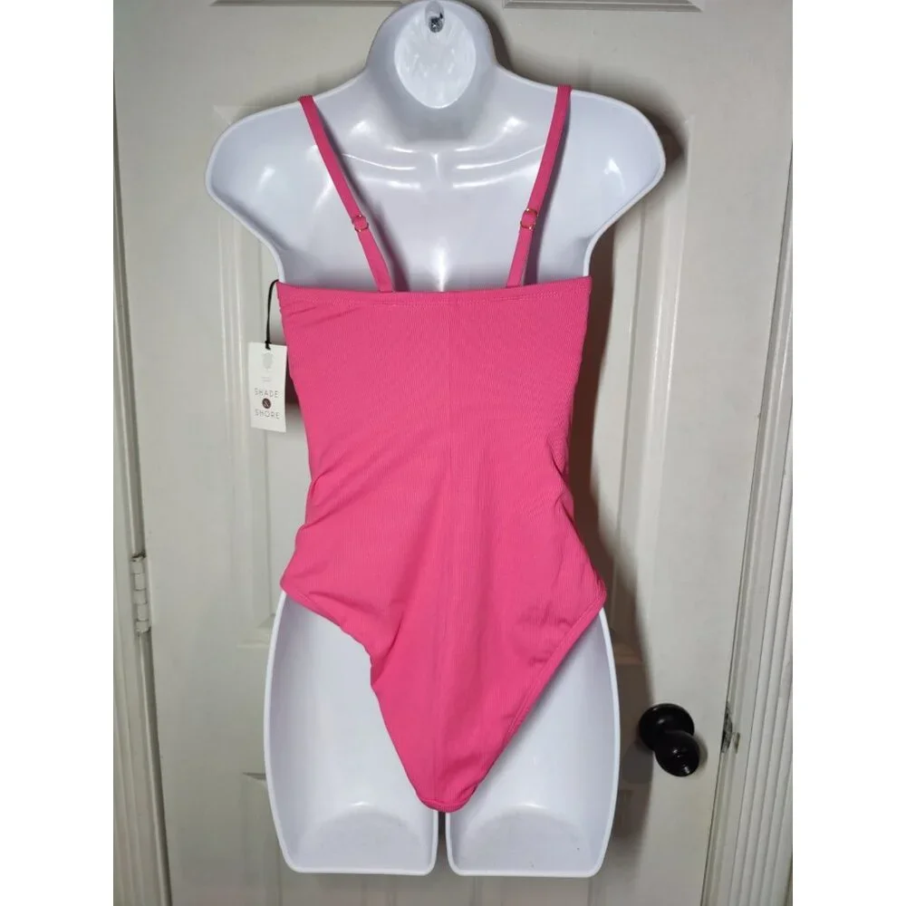 Shade‎ & Shore Pink Ruched Ribbed Convertible One-Piece Swimsuit M 8-10 NWT